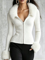 Chic Faux Fur Trim Ribbed Zip-Up Knit Top