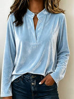 Women's Solid Color V-neck Long Sleeve Casual Loose Velvet Top