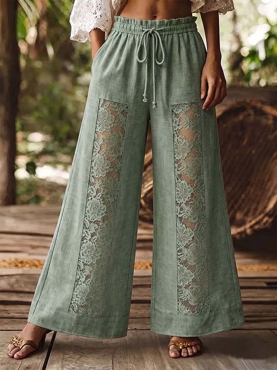 Women's High-waisted Casual Loose Cotton And Linen Patchwork Lace Wide-leg Pants