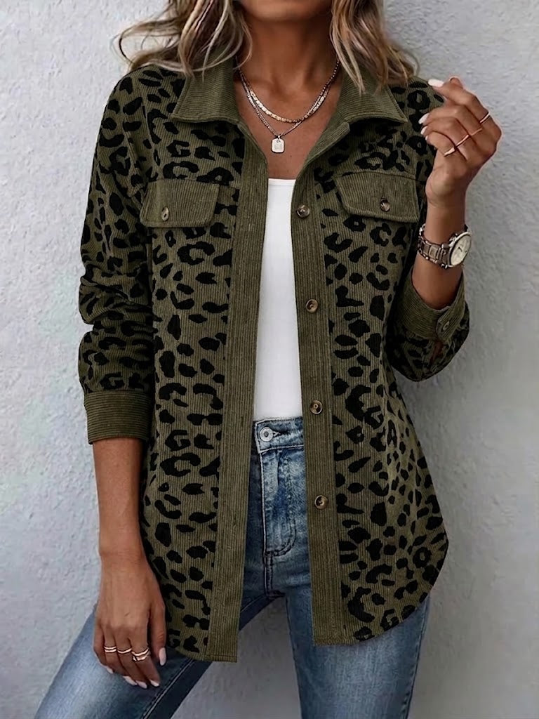 Contrast Rib Collar Leopard Print Corduroy Long Sleeve Shirt Jacket