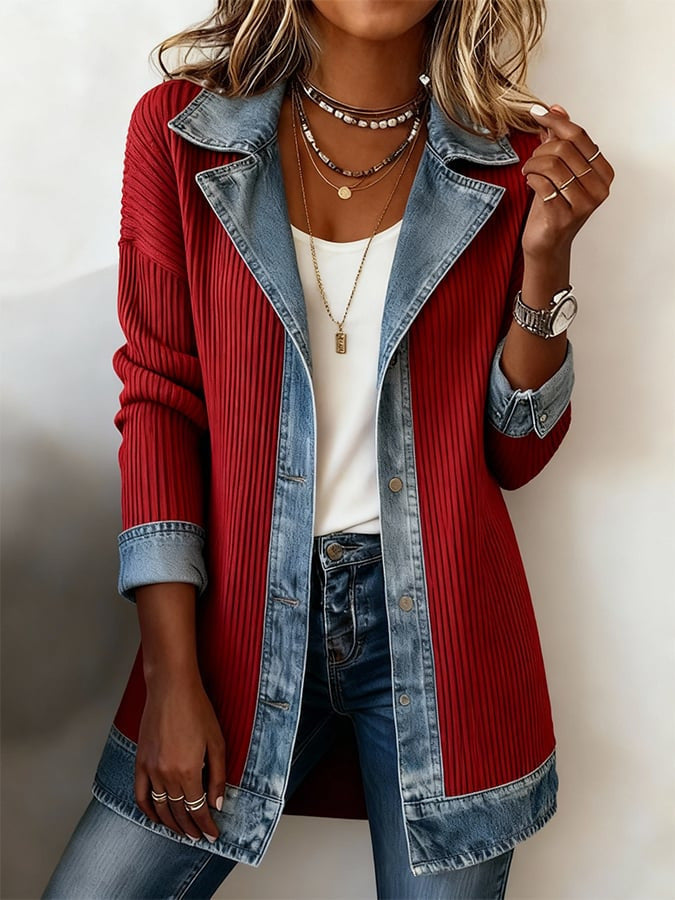 Casual Paneled Ribbed Cotton-blend Denim Jacket