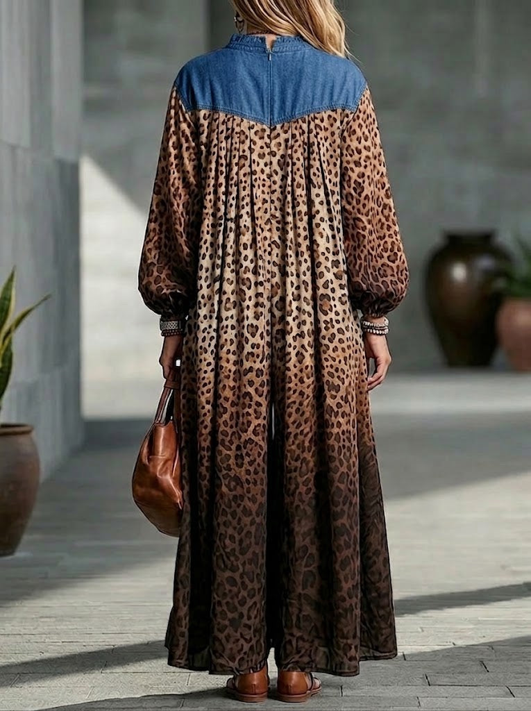 Boho Denim Patchwork Leopard Print Wide-leg Jumpsuit