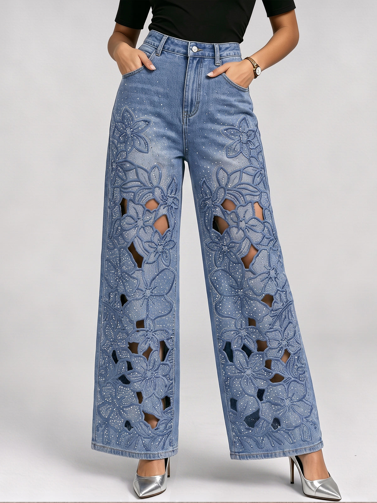 Delicate Casual Hollow-out Embroidered Rhinestone Jeans