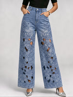 Delicate Casual Hollow-out Embroidered Rhinestone Jeans