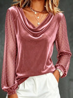 Velvet And Polka-dot Mesh Panel Top With Cowl Neck And Long Lantern Sleeves