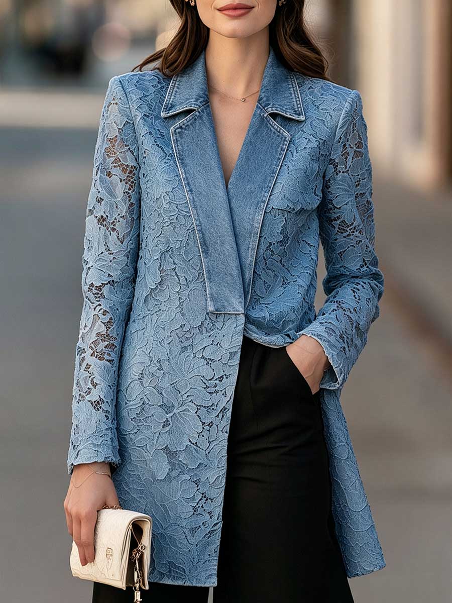 Women's Long-sleeved Denim Patchwork Lace Jacket With Lapel