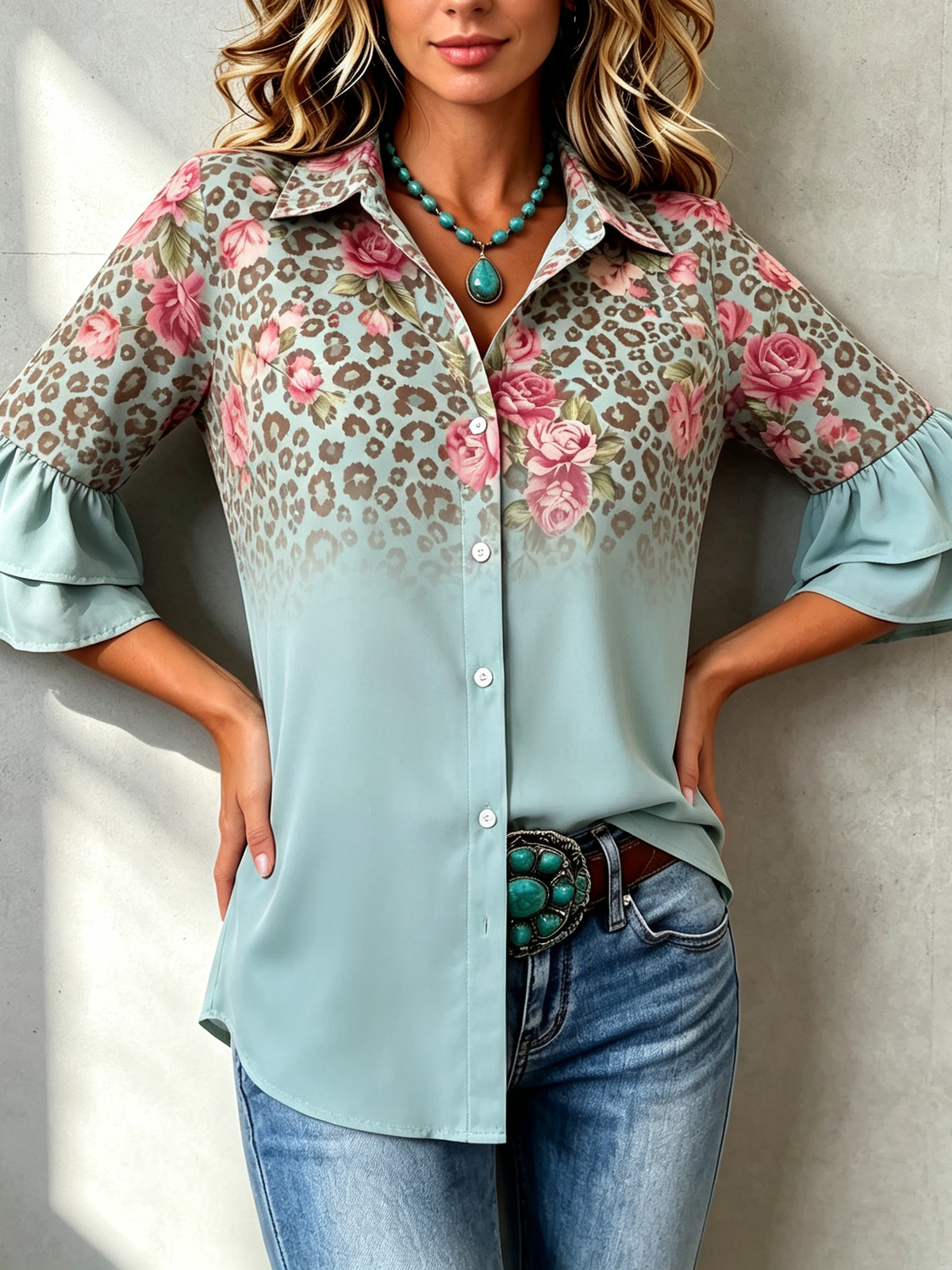 Boho Floral & Leopard Ruffled Button-down Three-quarter Sleeves Shirt