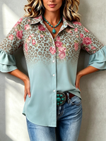 Boho Floral & Leopard Ruffled Button-down Three-quarter Sleeves Shirt