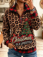 Women's Christmas Tree Leopard Half-Zip Pullover