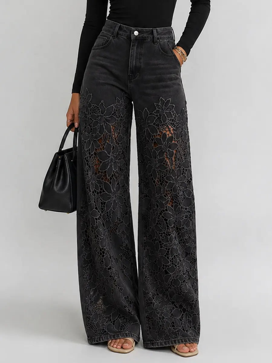 Lace Cut-out Wide-leg Denim Jeans