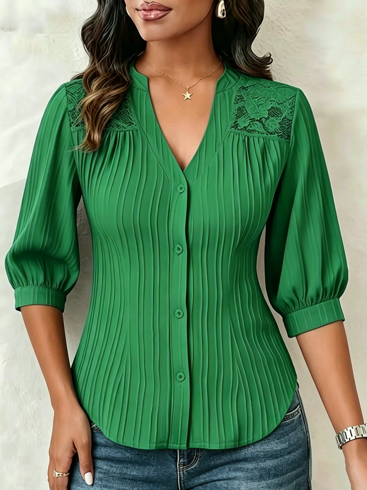 Lace-paneled V-neck Blouse Featuring Vertical Pleats, A Fitted Waist, And Puff Three-quarter Sleeves