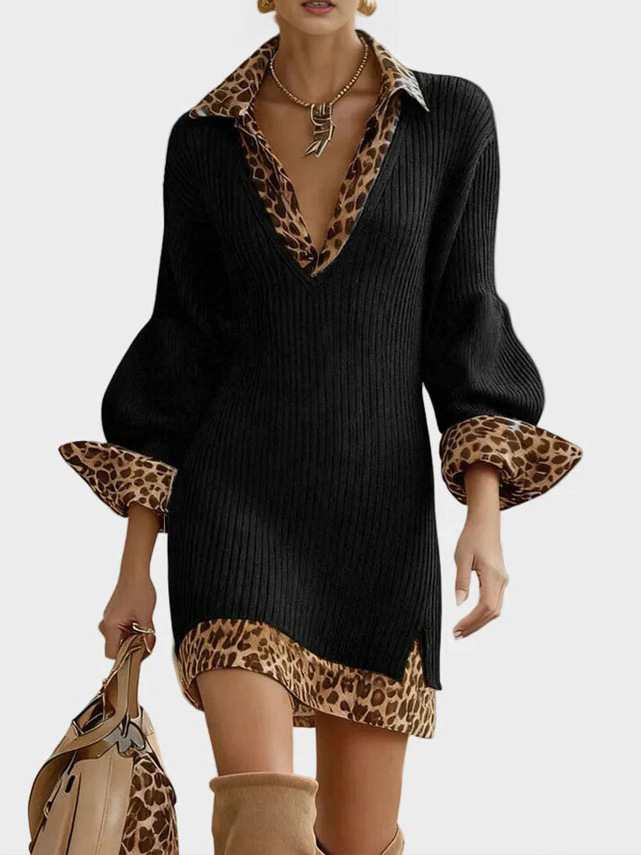 Stylish And Cozy Color-block Leopard Print Mini Knit Dress