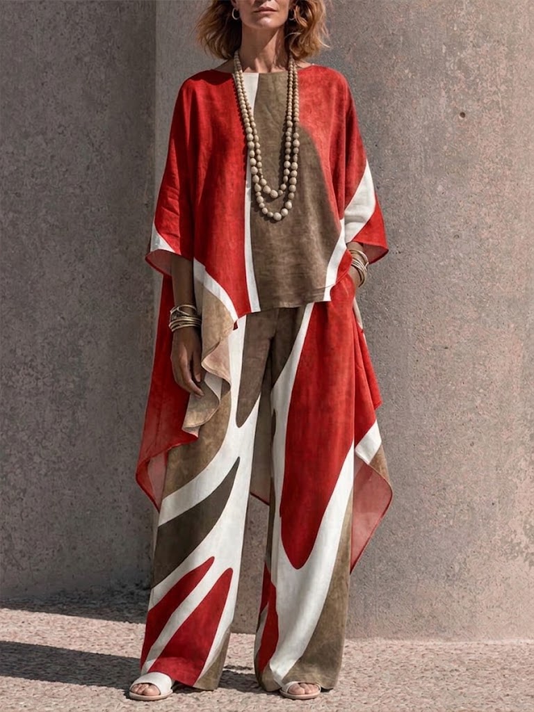 Two-piece Set Featuring An Asymmetrical Draped Top And Wide-leg Trousers With A Fluid Drape