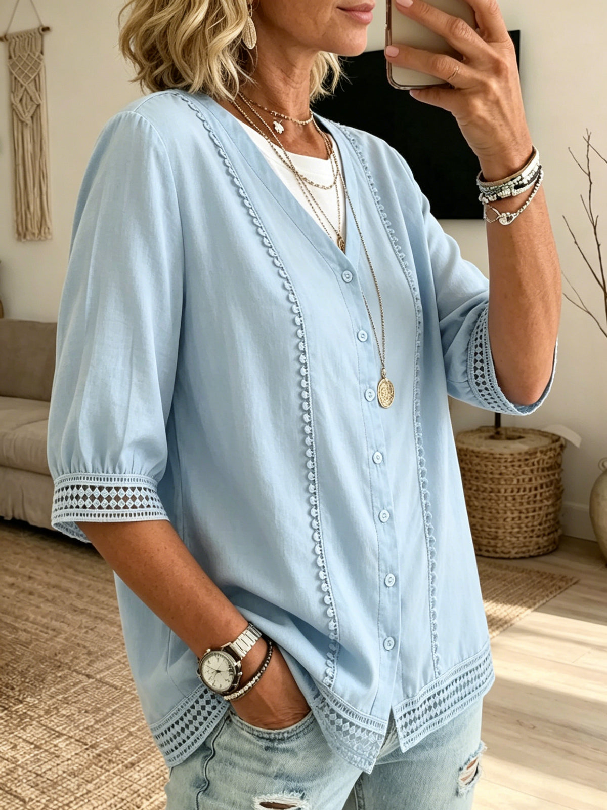 Women's Casual Three-quarter Sleeve V-neck Lace Cotton Linen Cardigan Shirt