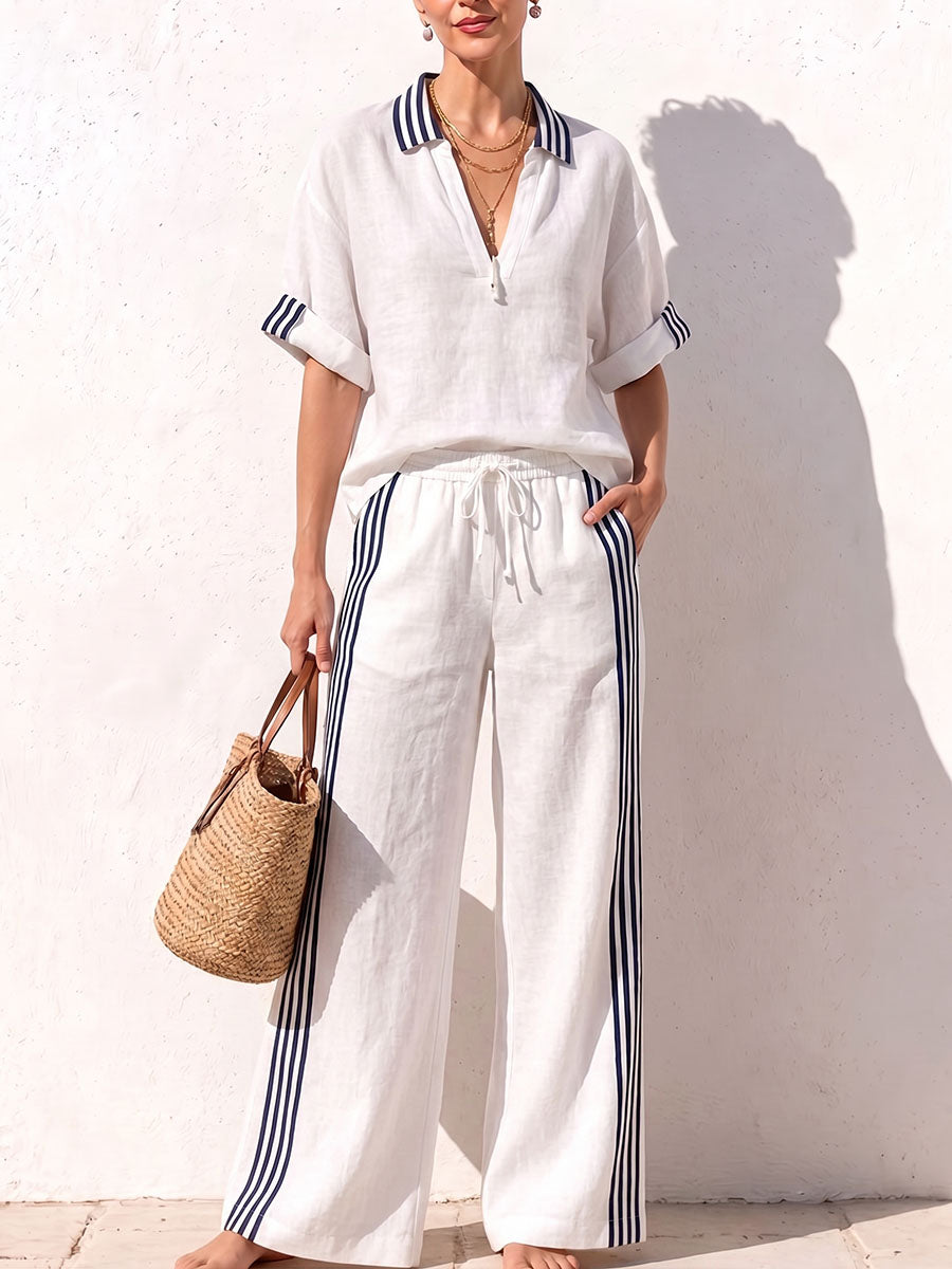 Women's Pullover Collar Short-sleeved Casual Loose Top And High-waisted Wide-leg Pants Cotton And Linen Set