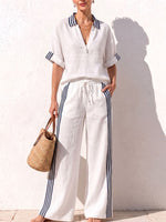 Women's Pullover Collar Short-sleeved Casual Loose Top And High-waisted Wide-leg Pants Cotton And Linen Set