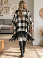 Women's Buffalo Plaid Fringe Poncho, Loose Oversized Check Knit Cape Wrap for Fall Winter