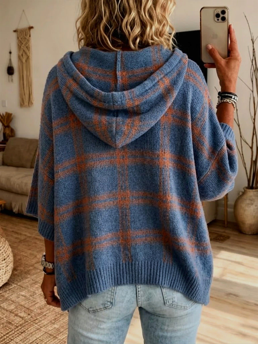 Plaid Hooded Poncho Sweater - Loose Fit Half Sleeve Chunky Knit