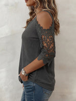 Semi-open Ring-zip Off-shoulder Cut-out Lace Top With Mid-length Sleeves