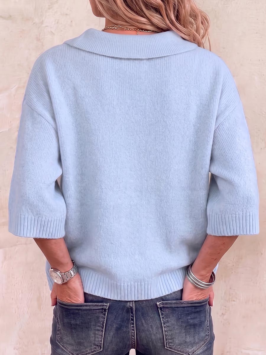 Women's Solid Color Peter Pan Collar 3/4 Sleeve Casual Loose Knit Cardigan