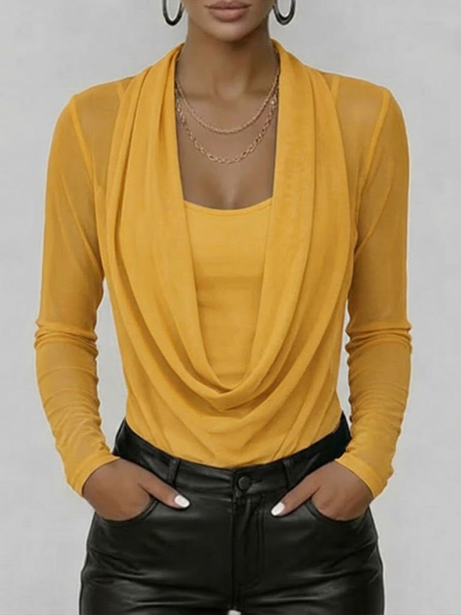 Women's Swing Neck Long-sleeved Casual Loose-fitting Sheer Mesh Top