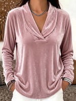 Women's Solid Color Lapel Long-sleeved Casual Loose Velvet Top