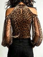 Fashionable Velvet And Chiffon-sleeve Leopard Print Off-shoulder Top