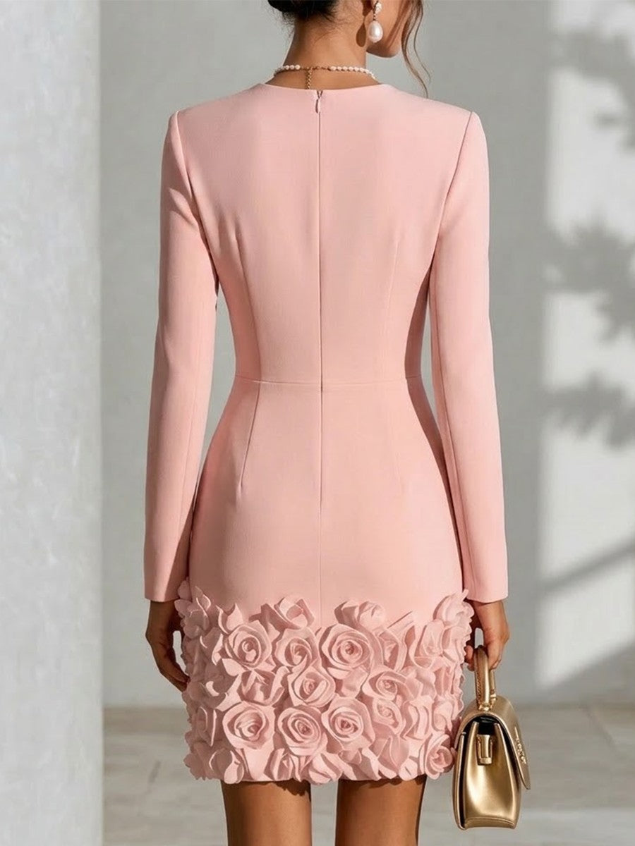 V-neck Long Sleeve 3d Rose Floral Bodycon Mini Dress