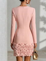 V-neck Long Sleeve 3d Rose Floral Bodycon Mini Dress