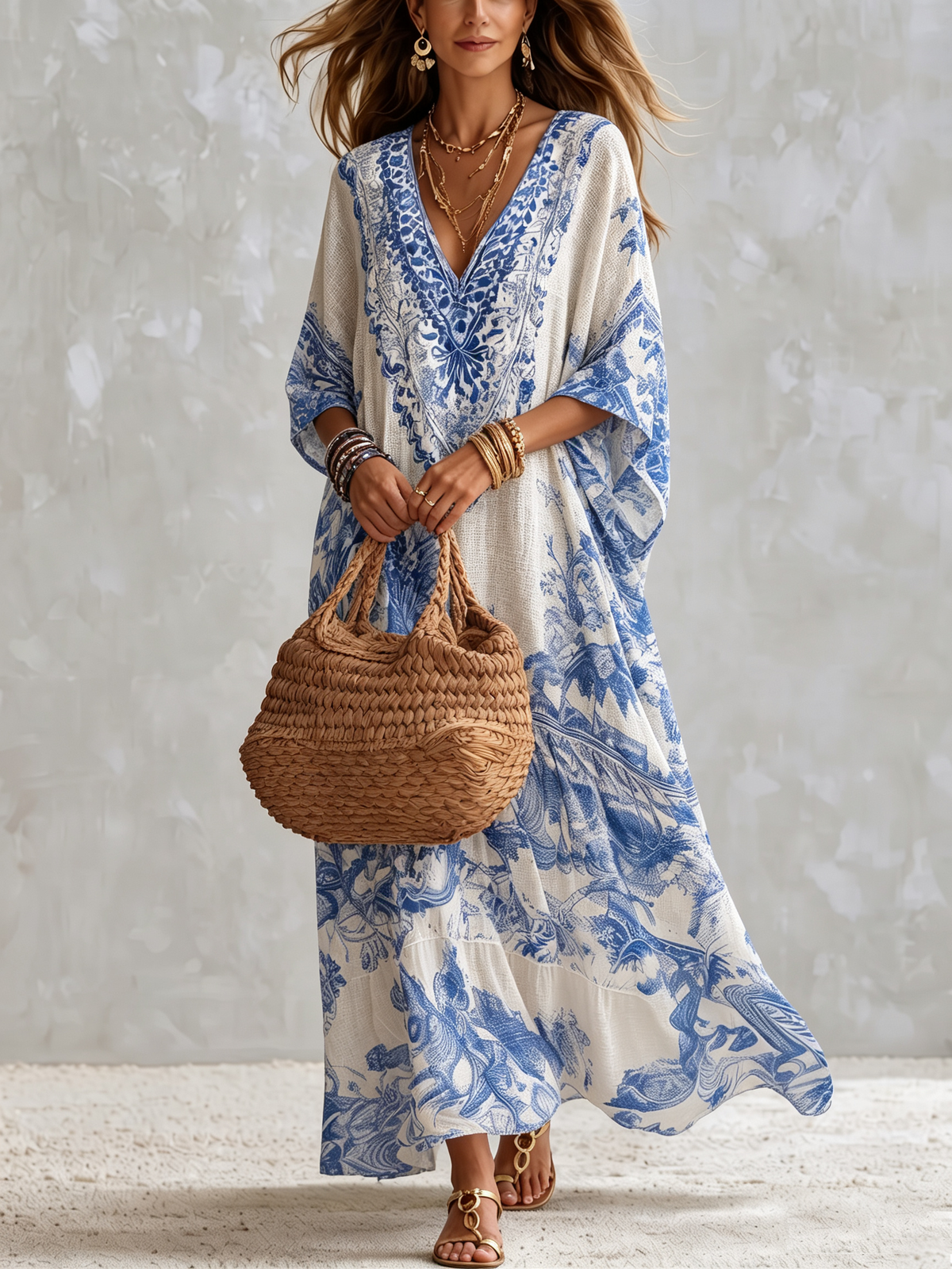Bohemian Resort Style V-neck Cotton Dress