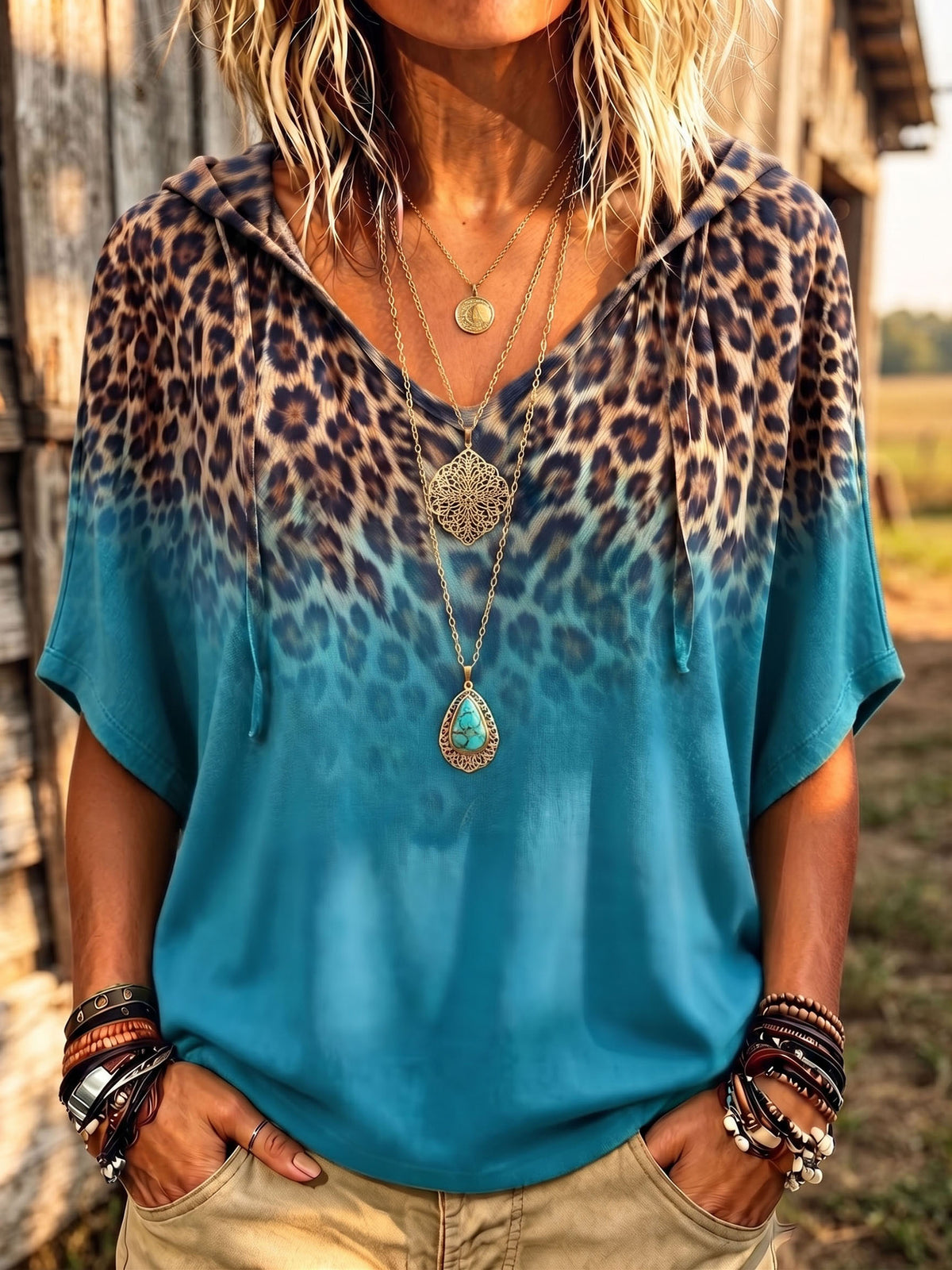 Casual Chic Leopard & Teal Hooded Sweatshirt