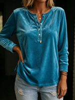 Elegant Cozy Henley Collar Velvet Shirt Top