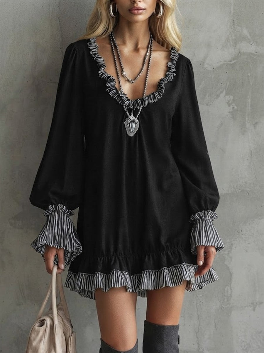 Color-block Striped Baby-doll Dress Featuring Lettuce-edge Detailing, Loose Fit, Cropped Length, And Long Lantern Sleeves