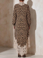 Comfortable, Loose-fit Knit Dress With Leopard Print And Lace Paneling.
