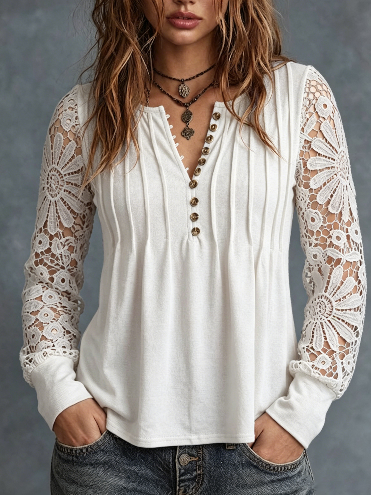 Solid-color Long-sleeve V-neck Pleated Top With Lace Cutouts
