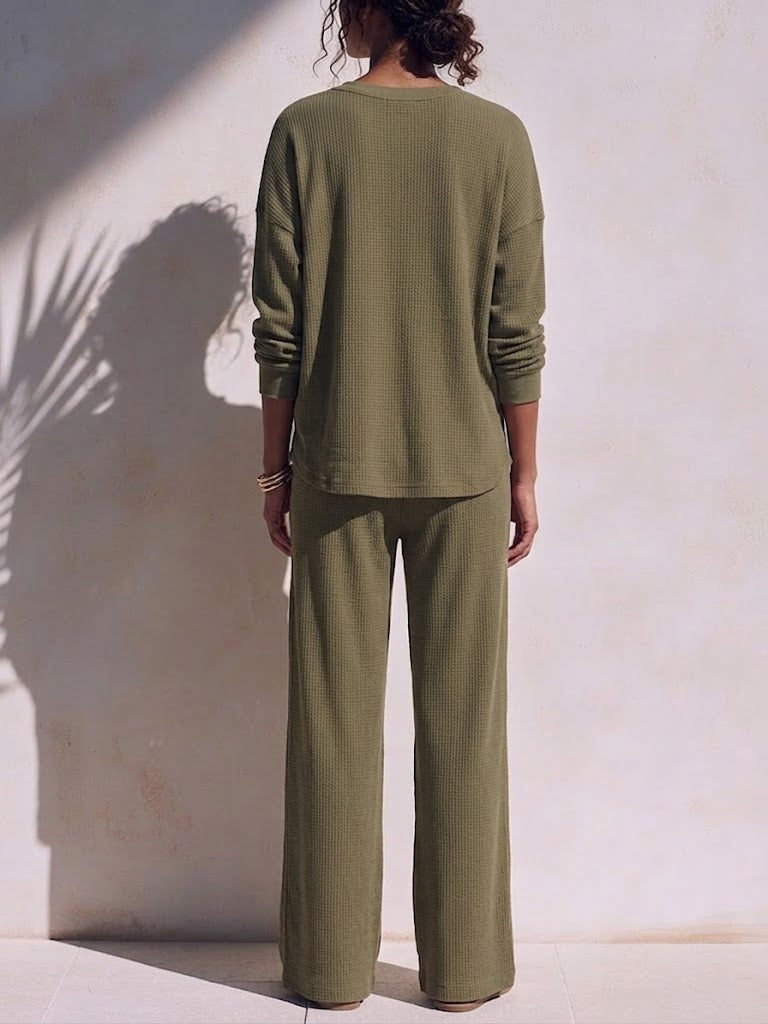 Cozy And Casual Waffle-knit Cotton Henley Shirt And Pants Two-piece Set
