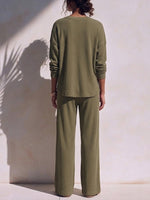 Cozy And Casual Waffle-knit Cotton Henley Shirt And Pants Two-piece Set