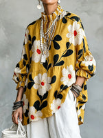 Boho Chic Mustard Floral Ruffled Linen Tunic Top