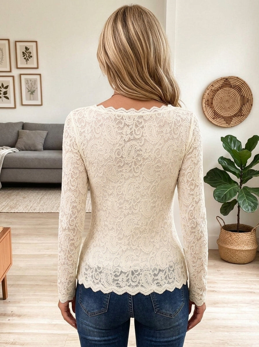Women's Scalloped Square Neck Lace Long Sleeve Top, Slim Fit Elegant Paisley Lace Blouse