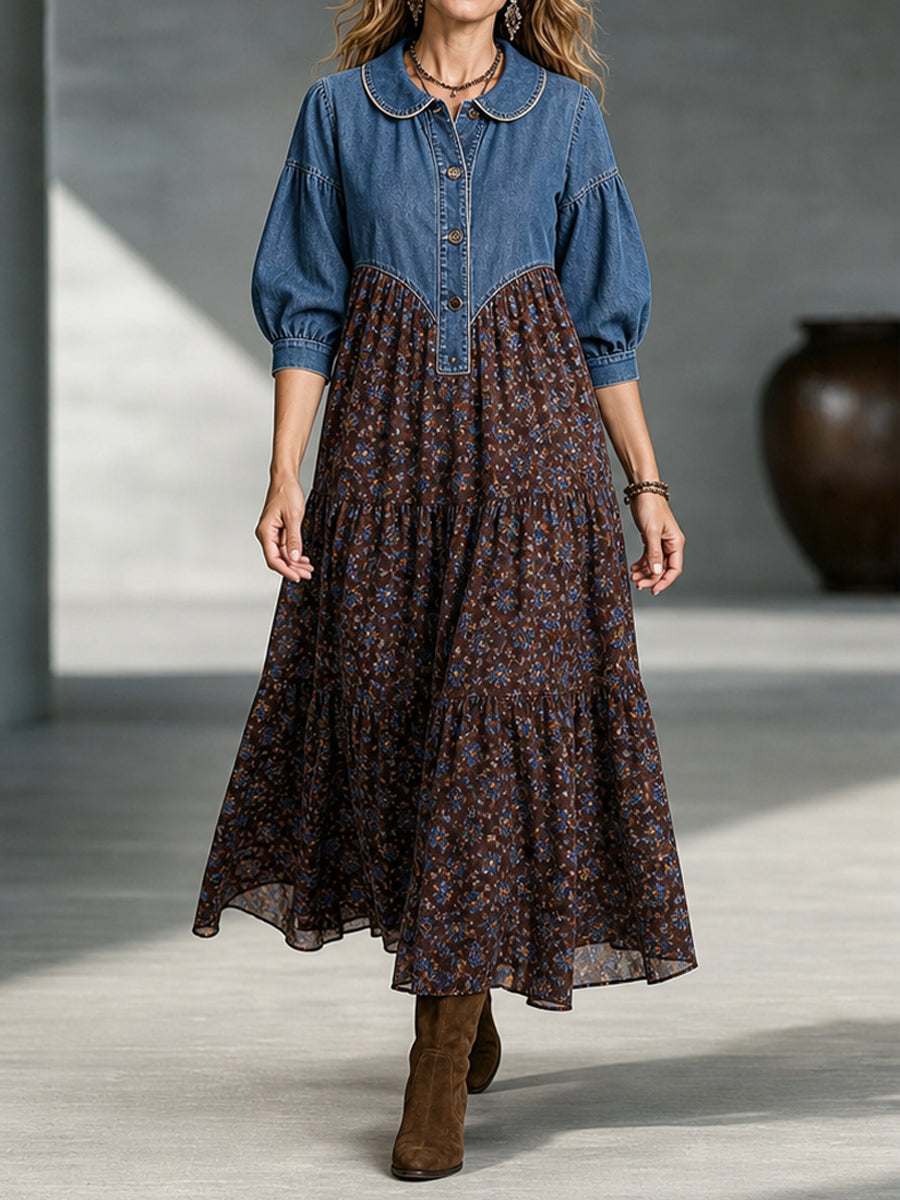 Boho-chic Denim Bodice Long Sleeve Floral Tiered Swing Maxi Dress