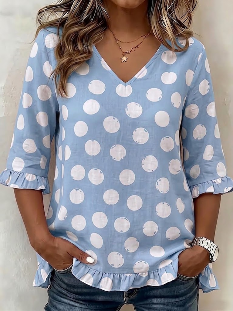 V-neck Polka Dot Ruffle 3/4 Sleeve Linen Blend Top
