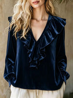 Cozy, Relaxed-fit Ruffled V-neck Velvet Top