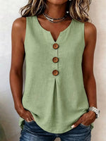 Women's Solid-color V-neck Sleeveless Casual Loose Cotton-linen Top