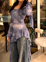 Tie-dye Ruffled Long-sleeve Chiffon Blouse