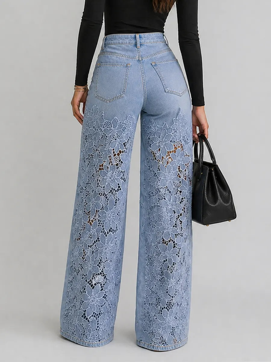 Lace Cut-out Wide-leg Denim Jeans