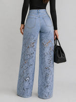 Lace Cut-out Wide-leg Denim Jeans