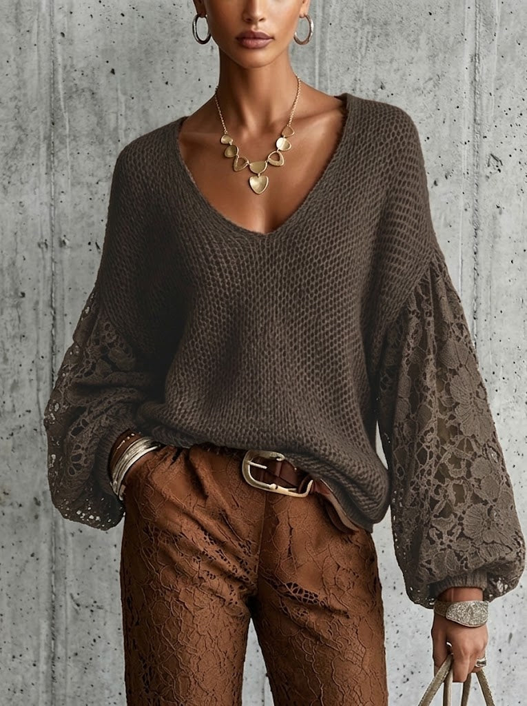 Lace Cut-out Lantern Sleeve V-neck Knit Pullover