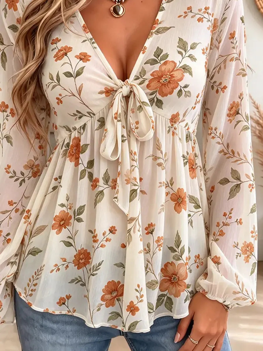 Retro Floral Pattern Art Print Casual Stylish Long Sleeve Mesh V Collar Shirt