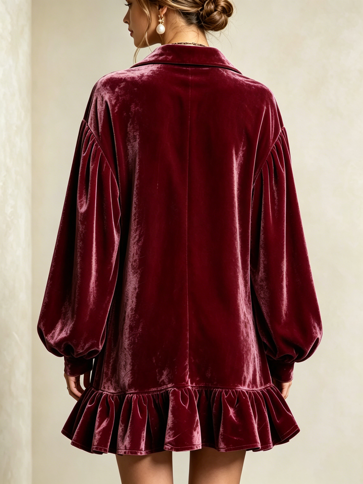 Velvet Loose-fit Mini Dress Featuring A Lapel Collar, Partial Button Placket, Lantern Sleeves, And A Ruffled Hem