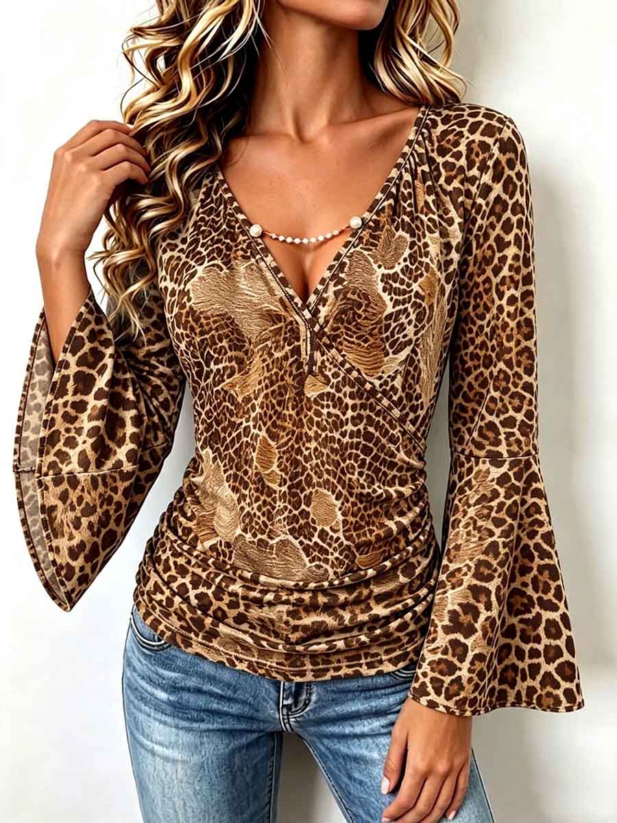 Women's Leopard Print V-neck Long Sleeve Casual Loose Stretch Top